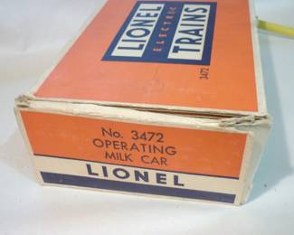 Box containing Lionel Trains Automatic Refrigerated Milk Car with platform No. 3472 post-War 1949-53, original box in slightly damaged condition