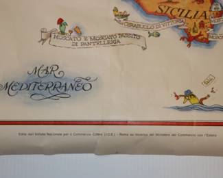 Closeup of 1970s poster Vini d'Italia illustrated map of the wines of Italy