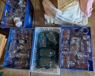 Cartons of canning supplies - Ball jars in clear and blue/green glass
