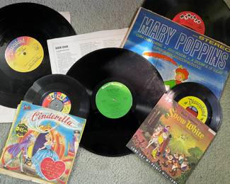 Vintage vinyl LP albums and singles for children including Mary Poppins, Disney collections, Cinderella, Snow White, and more