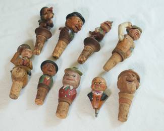 Antique hand carved German figural cork wine and liquor bottle stoppers