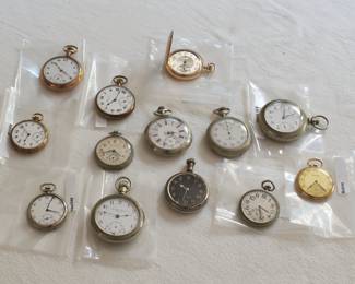Vintage and antique pocket watches and stop watches including Bulova, Vauchay, Delmar, Mansfield Glownite model, New York Standard Watch Co., Admiral, Elgin Timer