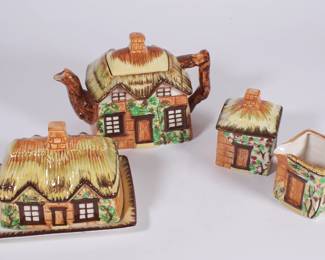 Vintage 1940’s thatched roof house tea set made in Occupied Japan; includes teapot, creamer, lidded sugar dish and lidded butter dish