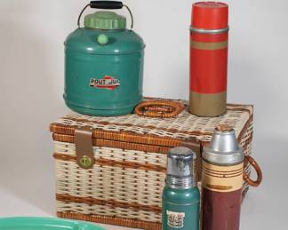 Vintage mid-century picnic and camping gear - Thermoses, basket, divided plates, insulated jug with handle, wicker picnic basket