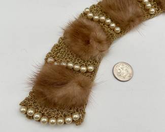 Another view of vintage 1950s crocheted / crochet collar: shimmer gold with mink and pearls, mid-century