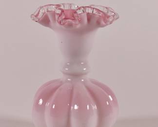 Vintage Fenton Peach Crest milk glass vase, pink interior,  ruffled edge