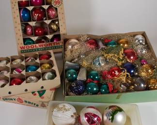 Vintage Christmas ornaments, some in original Woolworth's boxes