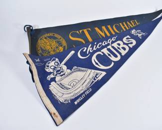 Vintage Chicago Cubs Wrigley Field pennant and St. Michael Central High School pennant 