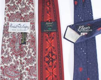 Another view of men's ties from Marshall Field & Company, made in England; one from Dralon Juka Sptizenklasse, one from Klaus Chicago