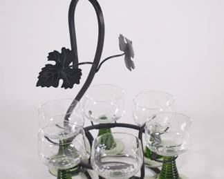 Vintage set of 6 green beehive stemmed wine glasses with cast iron stand