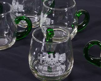 Set of German liquor glasses clear & green handles 