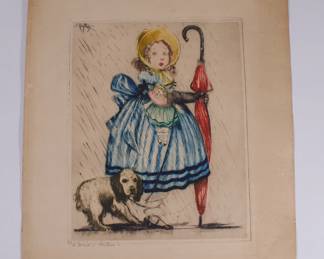 Josef Nuyttens (1885 - 1960) etching, hand colored, titled "a maid in distress" lower left