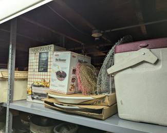 Faraberware roasters, hanging metal baskets, portable ice chest