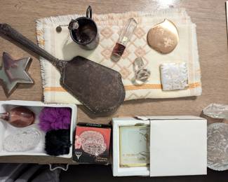 Vintage sterling silver backed hand mirror, crystal lidded box, cut glass perfume bottles, makeup compacts
