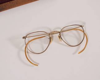 Closeup of vintage glasses from "House of Vision" ostrich skin eyeglass case