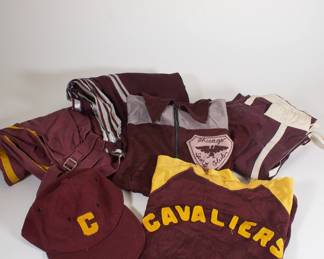 Vintage sportswear including Cleveland Cavaliers track suit, hat, jersey, and Chicago Sports Club track suit