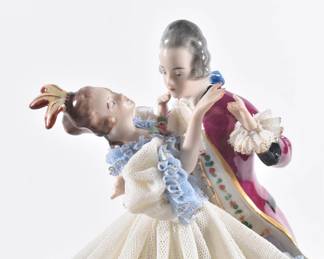 Vintage pair of Dresden Porcelain dancing pair lace figurines, along with with glass bell jar with wooden base
