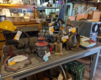 Vintage Adlake Kero 3-35 railroad lantern, early 1900s Dietz "Acme" Inspector railroad lantern, 1920s Gooseneck lamp, cast iron base, S. Robert Schwartz model C-86,  and 1920s Gooseneck lamp, cast iron base, H.L.G. Mfg. Co.