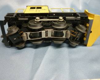 Underside of Lionel Trains Snow Plow Locomotive (Rio Grande) No. 53, Post-War 1957-60. "a" in "Rio Grande" is backwards; with instruction sheet, with original box in good condition