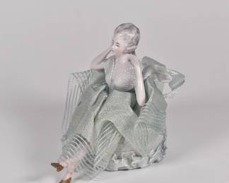 Another view of vintage porcelain pin cushion half doll with legs