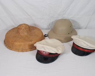 Woven rattan hat, pith helmet, and two visored caps – one with patch and one with ribbon, both saying "Schwaben Verein Chicago" 