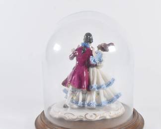 Another view of vintage pair of Dresden Porcelain dancing pair lace figurines, along with with glass bell jar with wooden base