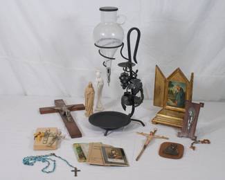 Wrought iron and glass wine dispenser; portable shrines, crucifixes, statues, rosary, prayer books