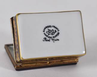 Base of Limoges France porcelain enameled lidded box - a wine crate with wine bottles inside