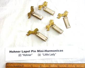 Hohner Lapel Pin Mini-Harmonicas, 1.5” made in W. Germany, very good condition, 1 “Little Lady” 2 “Hohner”