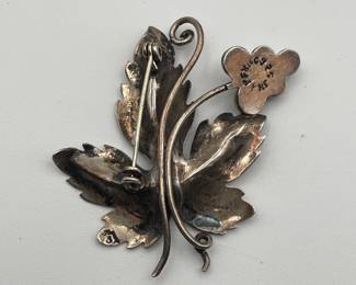 Reverse side of sterling silver grapes and leaf brooch, made in Mexico