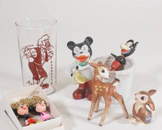 Collectible figurines include Walt Disney Bambi and Thumper, Mickey Mouse planter made in Japan, Walt Disney Geppetto character glass