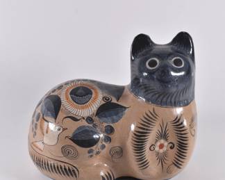 Vintage handmade Tonala Mexico folk art pottery cat figurine 