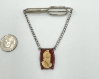 SWANK brand sterling silver tie clip with helmeted warrior cameo suspended on chain