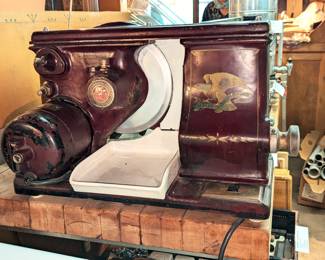 Vintage American Slicing Machine Co. meat and cheese slicer. Commercial grade item made in Chicago, Ill. Heavy duty cast iron construction