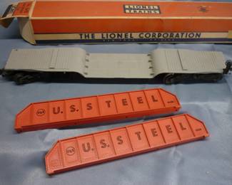 Another view of Lionel Trains Machinery Car (Girder Bridge Car) No. 6418, Post-War 1955-57, with two pink-orange US Steel bridge girders