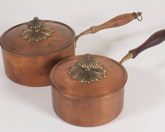 Vintage copper saucepans with lids, wooden handles, made in Italy