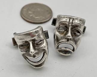 Vintage sterling silver cufflinks with comedy and tragedy masks representing the performing arts