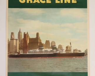 Original vintage Grace Line linen backed cruise ship tourism poster promoting travel to the Caribbean and South America circa 1960s