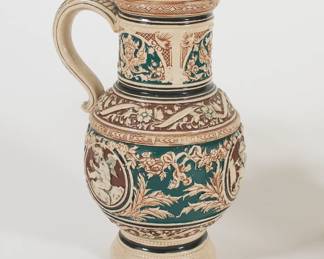 Another view of rare antique German stoneware stein tankard with putti, possibly late 19th Century