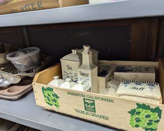Kitchen wares including matching set of porcelain containers for tea, spices, salt, sugar, coffee, vinegar, et al 