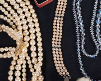 Multi-strand Faux Pearl necklace, bracelet; crystal bead necklace, rings in original boxes
