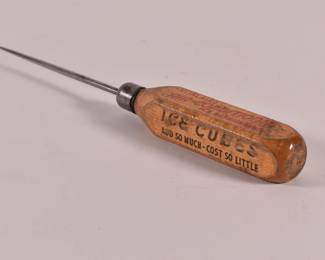 Another view of vintage wood handled ice pick from Vitalaire Refrigerator company