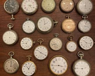Vintage and antique pocket watches and stop watches including Bulova, Vauchay, Delmar, Mansfield Glownite model, New York Standard Watch Co., Admiral, Elgin Timer