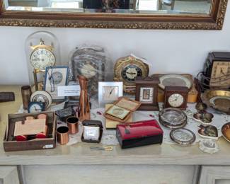 Several vintage mantle clocks, 1920s-30s Waltham "Radiator" clock, travel clocks, copper decanter and cup set, crystal dishes, trinket boxes