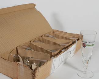 Box of 8 clear DinkelAcker Export Bier branded beer glasses