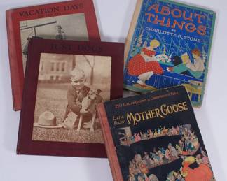 Vintage books for children including Little Folks' Mother Goose, Just Dogs, Vacation Days on the Farm, and About Things by Charlotte R. Stone.