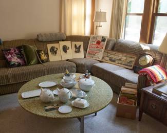 Vintage Like-New German Sectional wrap around L-shaped sofa purchased at Northern Home Furnishings in Lincoln Square, 1950's chrome legged terrazzo style coffee table, Mid-Century Modern Arzberg porcelain dinner Set