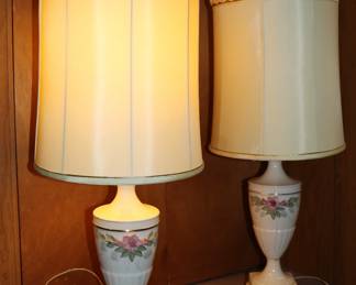 Pair of vintage urn shape porcelain lamps with applied floral decoration, Capodimonte Style, with matched shades