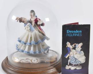 Vintage pair of Dresden Porcelain dancing pair lace figurines, along with with glass bell jar with wooden base