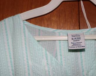 Closeup of women's lightweight robes / nightdresses, pink from Appleseed's Petites, size PXL; blue from Croft & Barrow size XL Petite